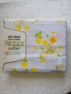 Vintage Pequot Luxury Muslin Double Fitted Sheet Floral Dead Stock Mountain Mist